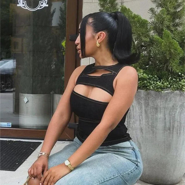 Trendy Hollow Out Denim Sliced Shirt