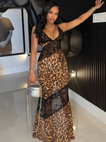 Trendy Black Leopard Mesh Patchwork Maxi Dress