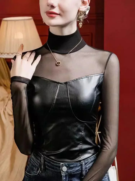 Trendy High Collar Mesh Leather Long-Sleeve - TrendsetterbyTracy Boutique