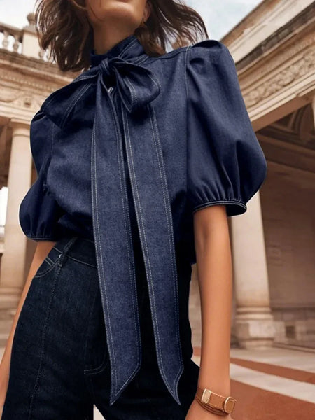 Trendy Puff Denim Blue Bowtie Collar