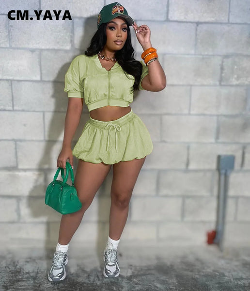 Trendy Short Crop Top Jacket With Lantern Mini Skirt