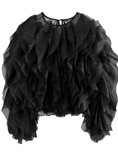 Trendy Lantern Mesh Ruffle Blouse
