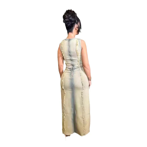 Trendy Denim Hollow Out Vest And High Slit Skirt Set