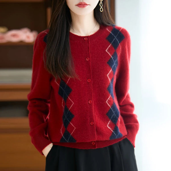 Trendy Merino Wool O-neck Diamond Grid Cardigan Sweater