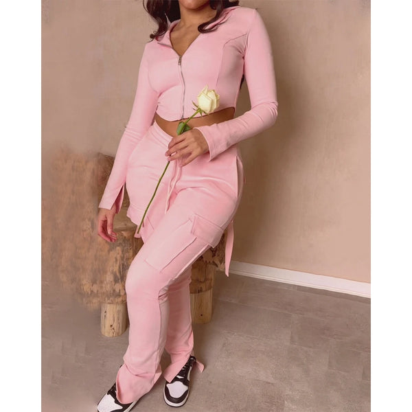 Trendy Hooded Casual Crop Jacket And Pants Set