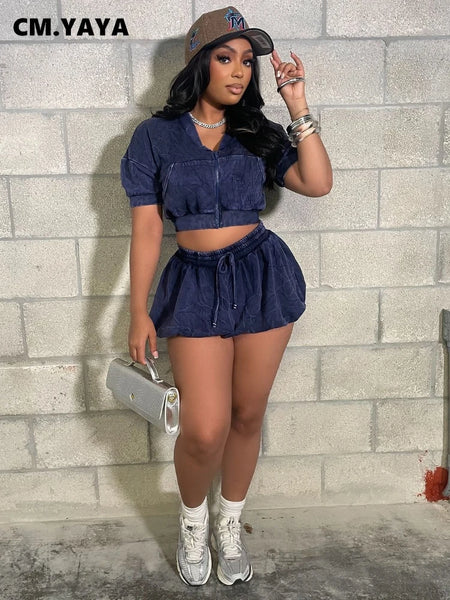 Trendy Short Crop Top Jacket With Lantern Mini Skirt