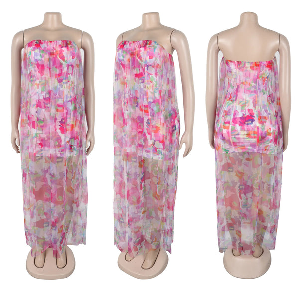 Trendy Tie Dye Print Strapless Mesh Maxi Dress
