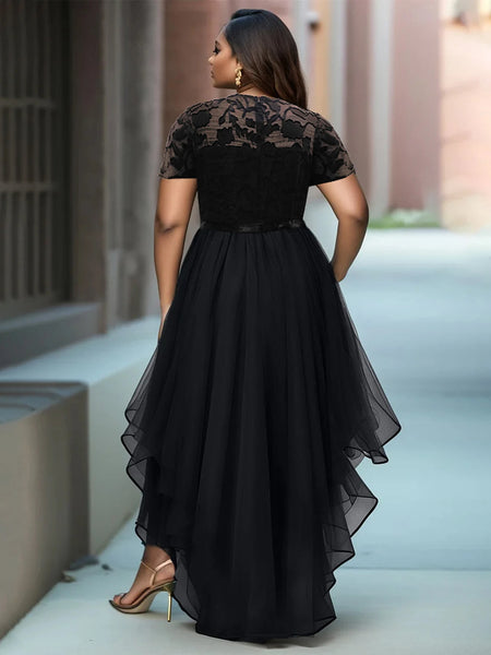Trendy Black Lace Short Sleeve Ruffle Dress