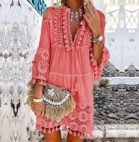 Trendy Crochet Lace Off The Shoulder Boho Dress