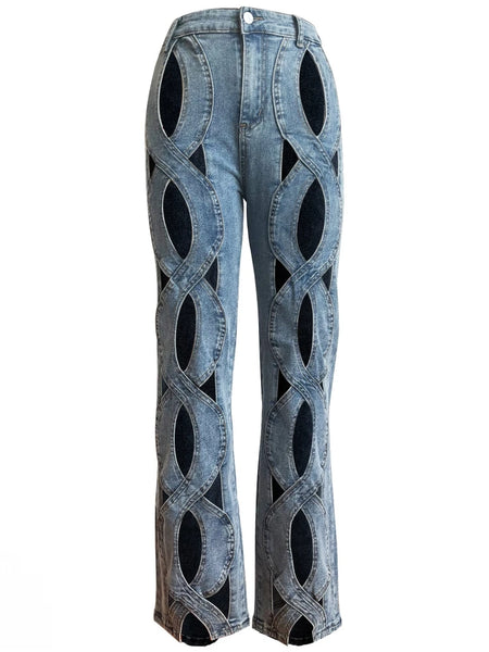 Trendy Hollow Out High Waist Patchwork Wide Leg Jeans - TrendsetterbyTracy Boutique