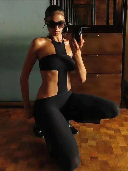 Weird Puss Sexy Backless 2 Piece Set Women Stretch Tube Top+Skinny Halter Jumpsuit Fitness Street Matching Party Club Overalls