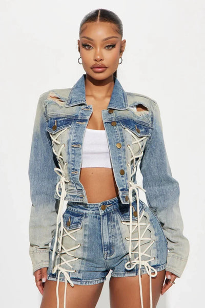 Trendy Denim Bandage Shorts And Crop Top Jacket Set