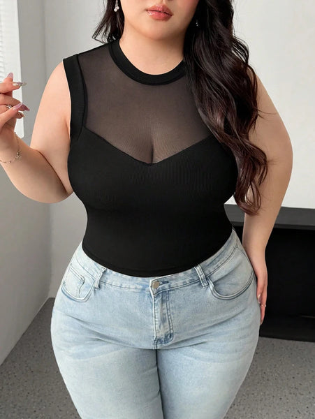 Trendy Plus Size Black Sleeveless Mesh Top