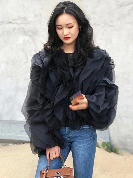 Trendy Lantern Mesh Ruffle Blouse