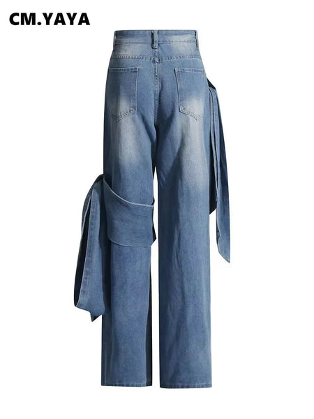 Trendy High Waist Denim Ribbon Bow Jeans