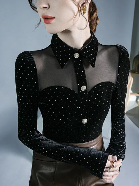 Trendy Black Polka Dot Velvet Mesh Blouse - TrendsetterbyTracy Boutique