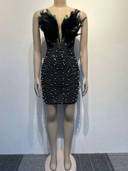 Trendy Pearl Rhinestone Feather Party Dress - TrendsetterbyTracy Boutique
