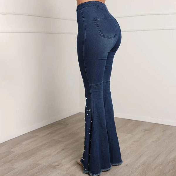 Trendy Rhinestone Flare Stoned Washed Denim Jeans
