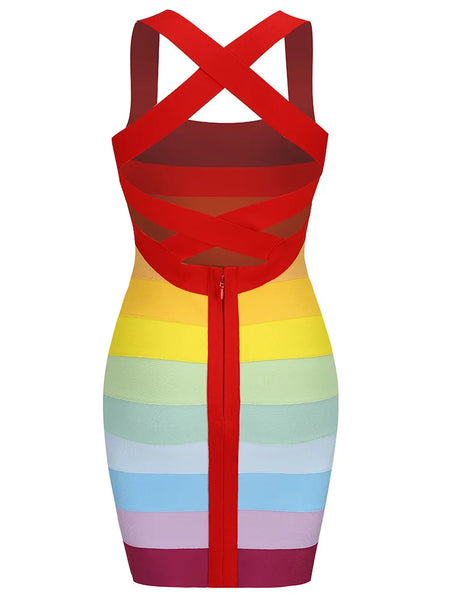 Trendy Rainbow Bandage Strap Party Dress