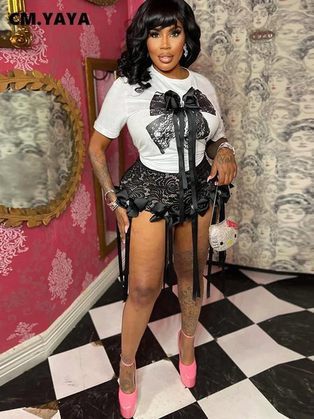 Trendy Fashion Bow Print Laced Shirt and Shorts Set