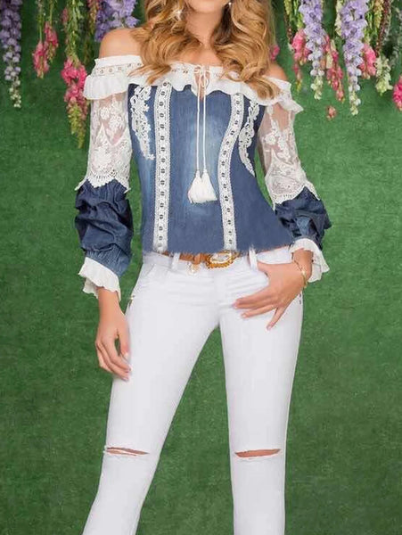 Trendy Lace Patchwork Denim Long Sleeve Blouse