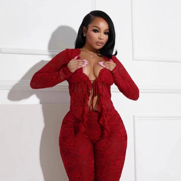 Trendy Lace Cardigan Fringed Two Piece Wide Leg Pants Set