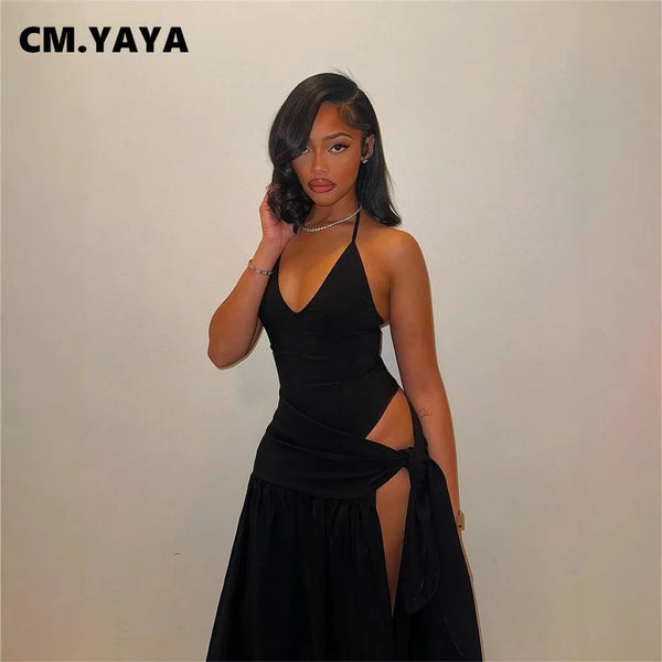 Trendy High Split Halter Bandage Tied Maxi Dress