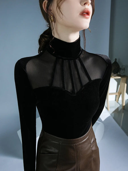 Trendy Black High Collar Velvet  Mesh  Blouse - TrendsetterbyTracy Boutique