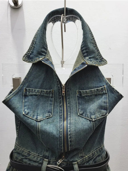 Trendy Halter Denim Shorts Set with Belt