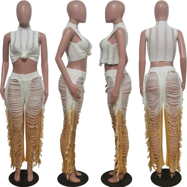 Trendy Transparent Crochet Crop Top And Bottom Set