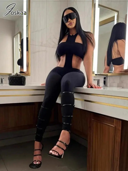 Trendy Hollow Out Cross Bodysuit Two Piece Pants Set