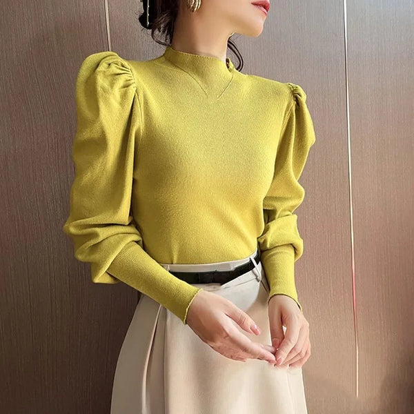 Trendy Turtle Neck Puff Flare Sleeve Blouse