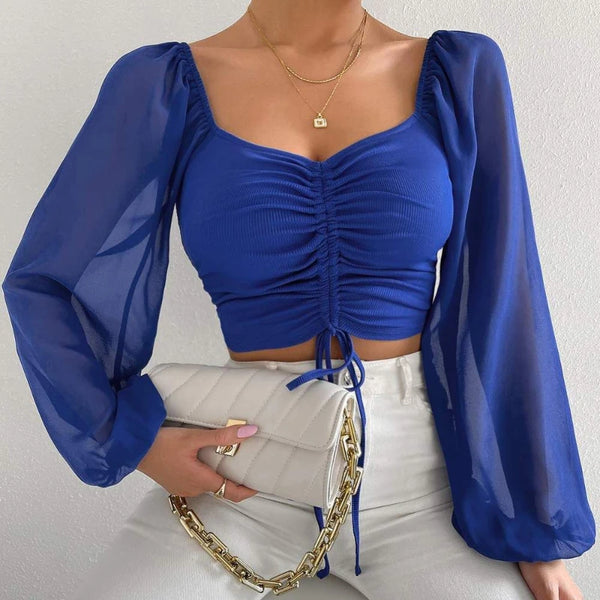 Trendy Mesh Drawstring Long Sleeve Blouse
