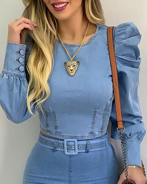 Trendy Puff Sleeve Denim Corset Top