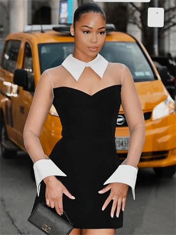 Trendy Elegant  Black Turn Down White Collar Mini Dress