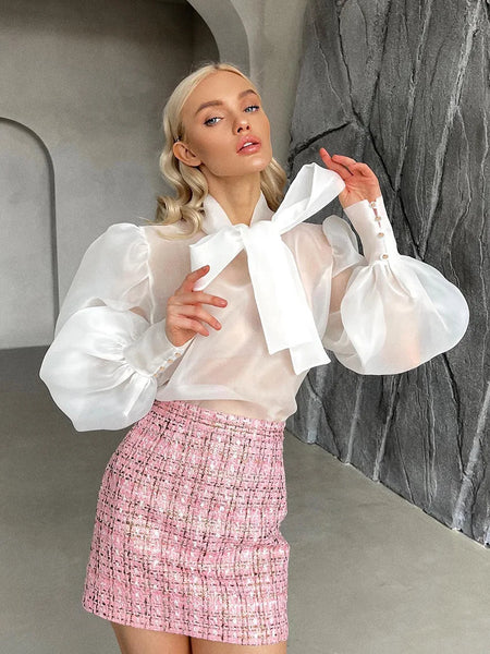 Trendy Puff Sleeve Lace Up Bowknot Collar Blouse