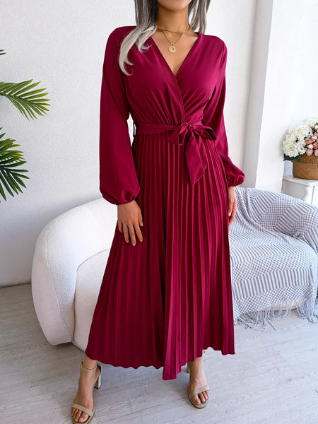 Trendy Pleated Maxi Long Sleeve Dress