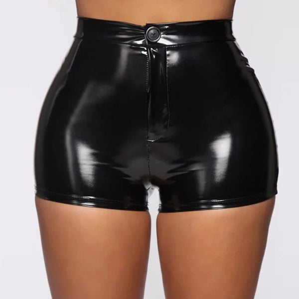 Trendy High Waist Faux Leather Black Shorts