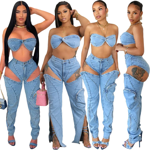 Trendy Denim Hallow Out Crop Top And Bottom Set