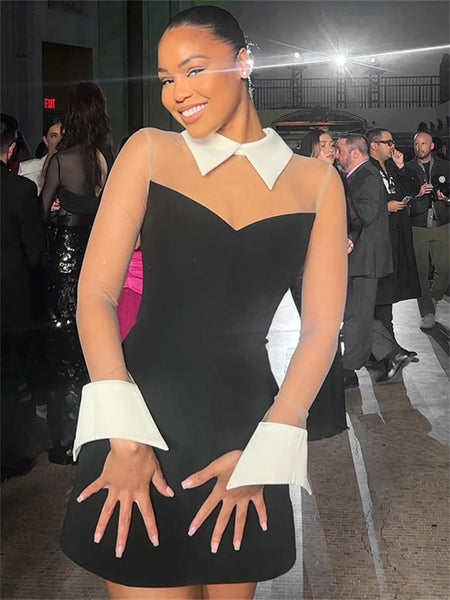 Trendy Elegant  Black Turn Down White Collar Mini Dress