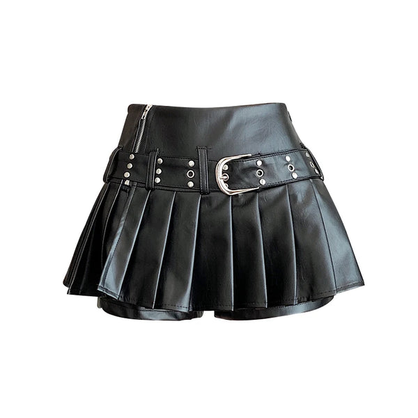 Trendy Gothic Style Pleated Black Leather Mini Skirt