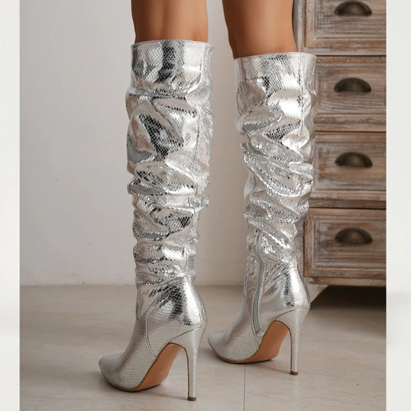 Trendy Silver Pointed High Knee Scrounged Boots