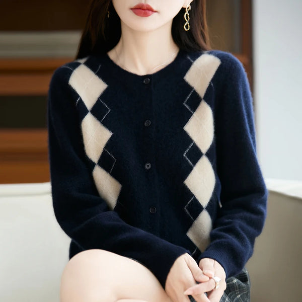 Trendy Merino Wool O-neck Diamond Grid Cardigan Sweater