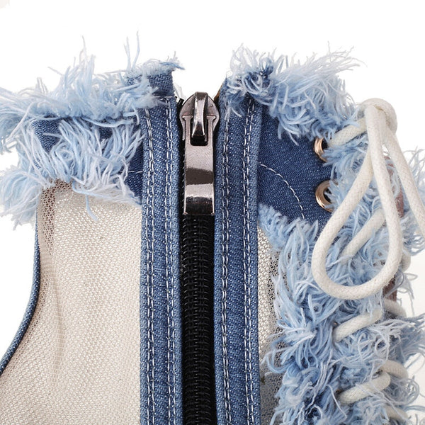 Trendy Gladiator Floral Lace Denim High Heels - TrendsetterbyTracy Boutique