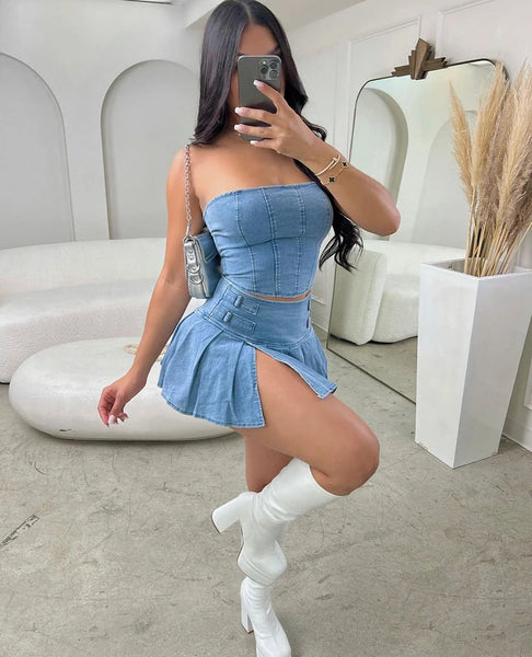 Trendy Two Piece Pleated Denim Skirt And Top Set