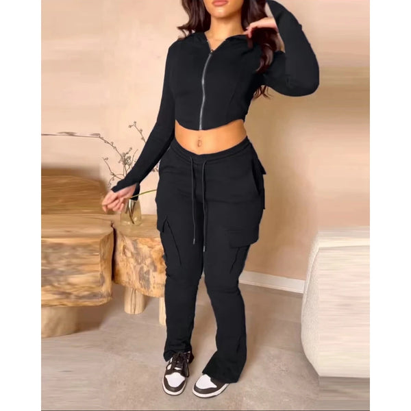 Trendy Hooded Casual Crop Jacket And Pants Set