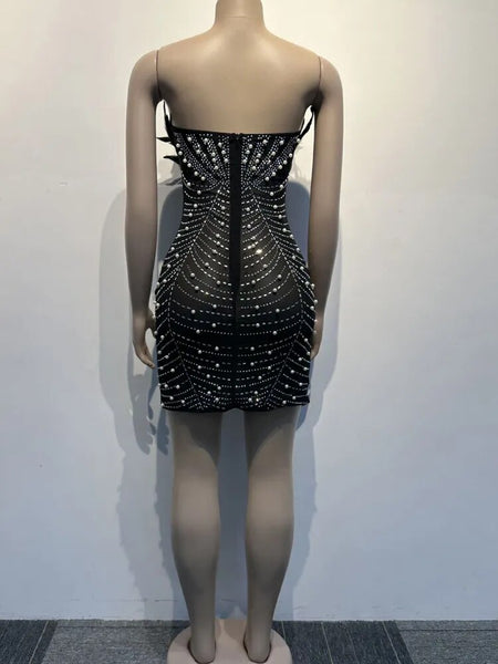 Trendy Pearl Rhinestone Feather Party Dress - TrendsetterbyTracy Boutique