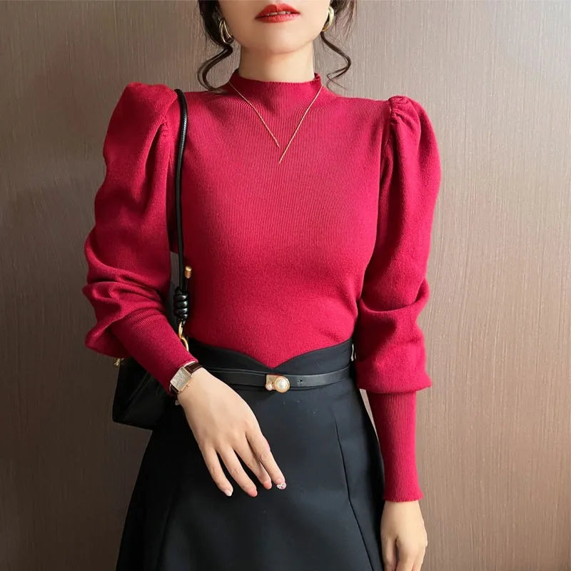 Trendy Turtle Neck Puff Flare Sleeve Blouse