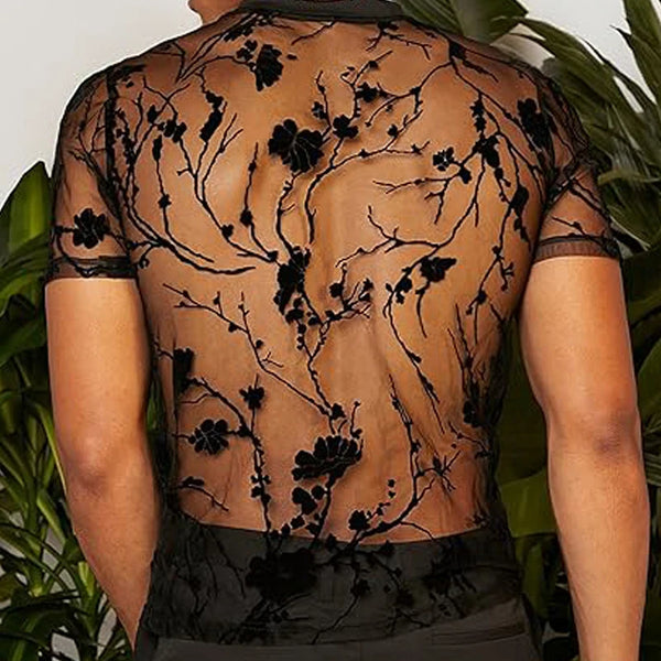 Trendy Mens Mesh Lace Hollow Out Shirt