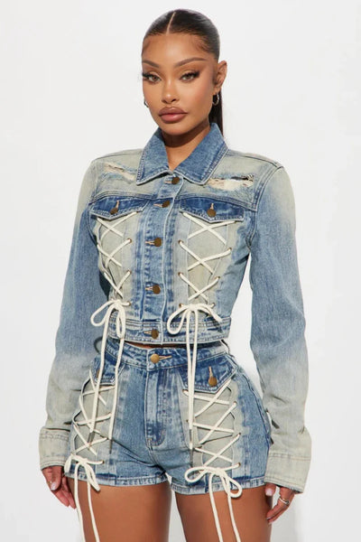 Trendy Denim Bandage Shorts And Crop Top Jacket Set